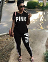 RAISEVERN PINK Letter Print Tracksuits Women Two Piece Set Spring