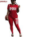 RAISEVERN PINK Letter Print Tracksuits Women Two Piece Set Spring