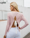 Simplee Backless bow knitted sweater women O neck casual pullover female 2017 autumn knitting jumper winter sweater pull femme